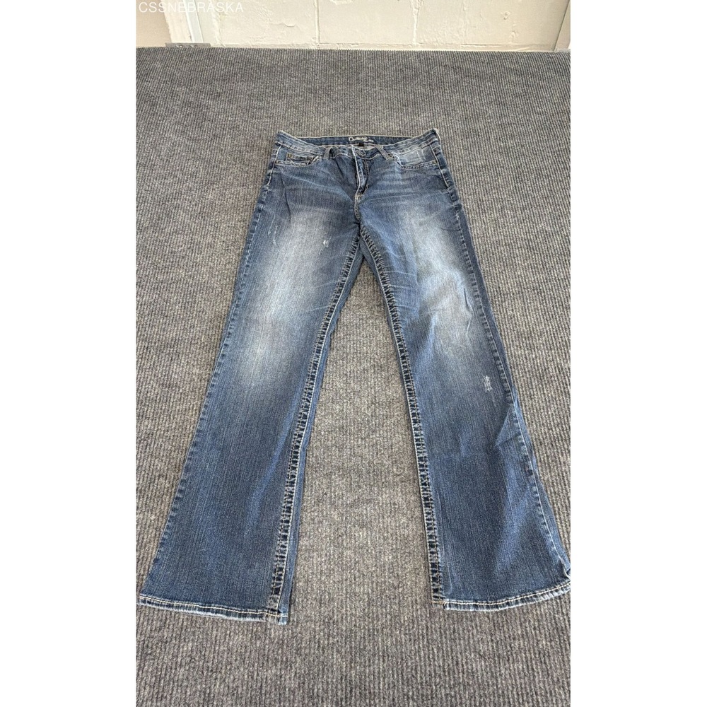 Common Genes Women's Blue Bootcut Stretch Denim Embroidered Pocket Jeans Sz 14